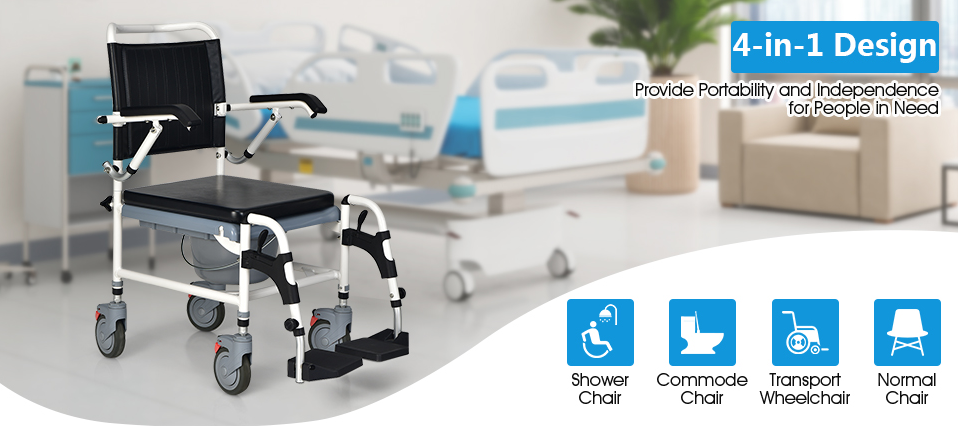 COMMODE, WHEELCHAIR, SHOWER CHAIR & NORMAL TRANSPORT CHAIR 4 IN 1